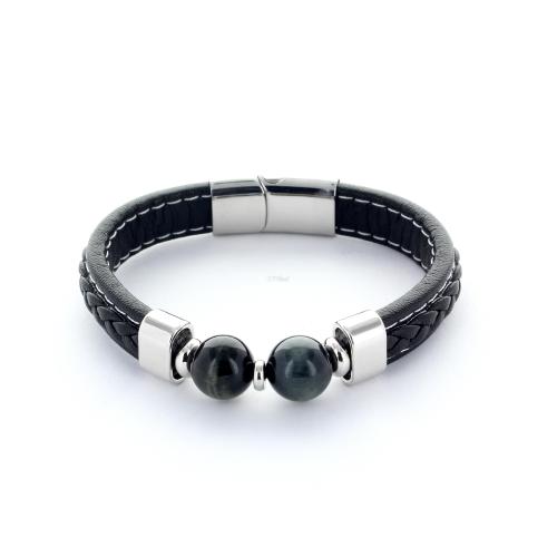 bracelet en cuir noir cousu et son fermoir coulissant et pierre onyx de 17cm